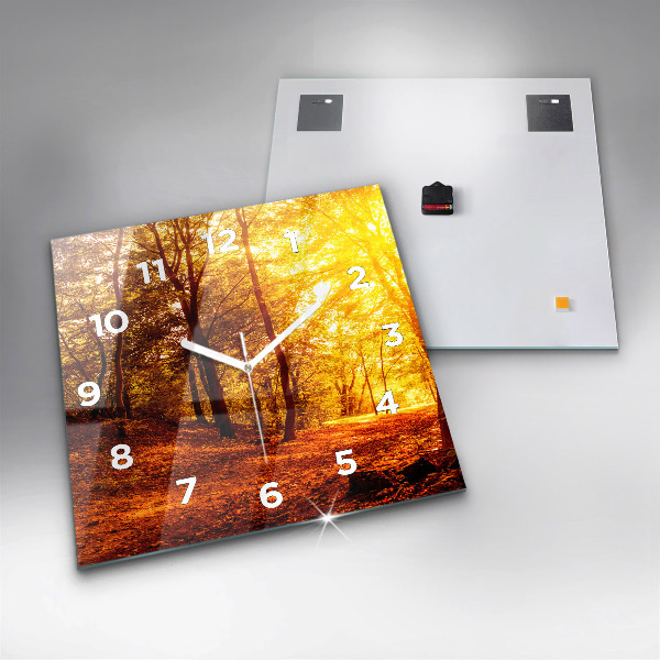 Square glass wall clock Forest landscape in the sun