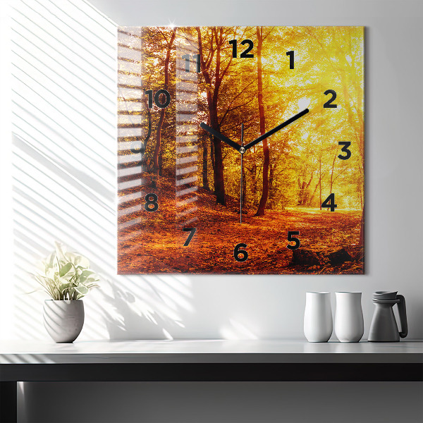 Square glass wall clock Forest landscape in the sun