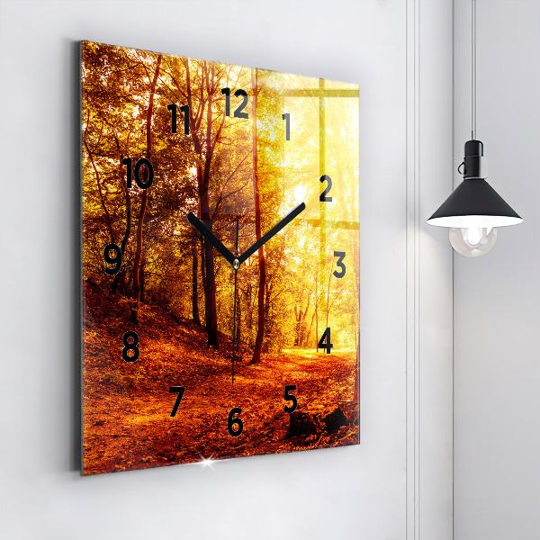 Square glass wall clock Forest landscape in the sun