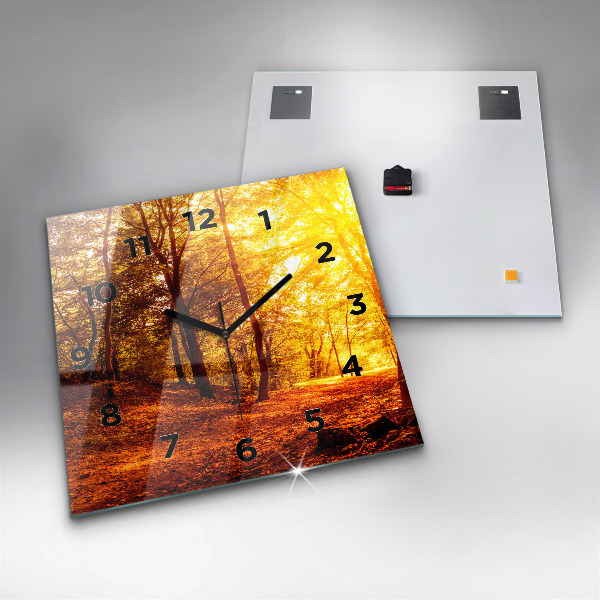 Square glass wall clock Forest landscape in the sun