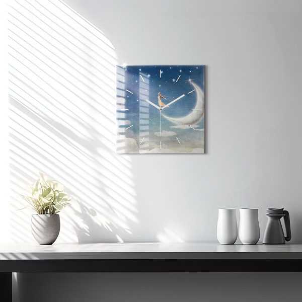 Square glass wall clock Girl on the moon