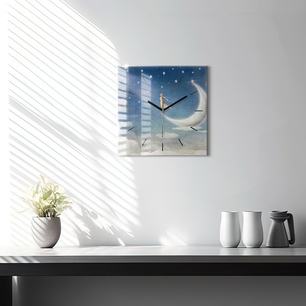Square glass wall clock Girl on the moon