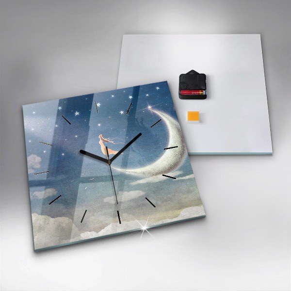 Square glass wall clock Girl on the moon