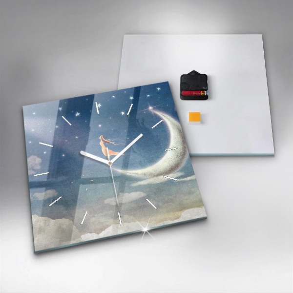 Square glass wall clock Girl on the moon
