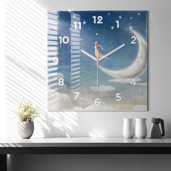 Square glass wall clock Girl on the moon