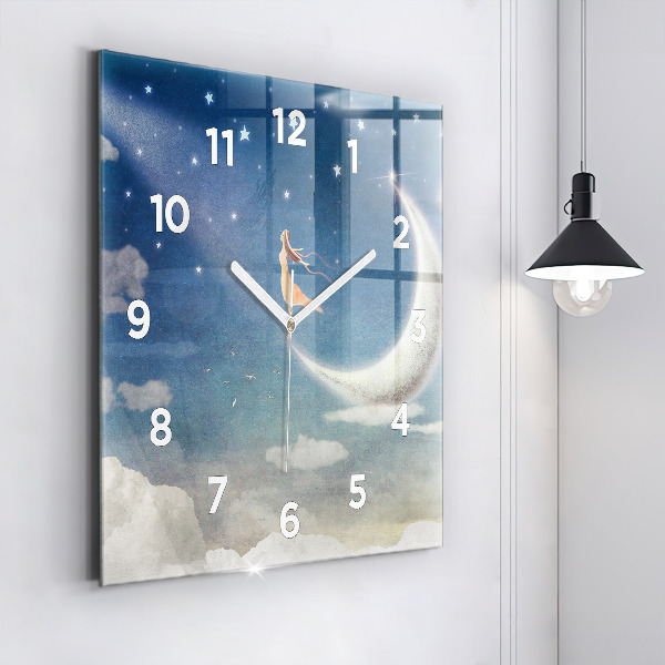 Square glass wall clock Girl on the moon