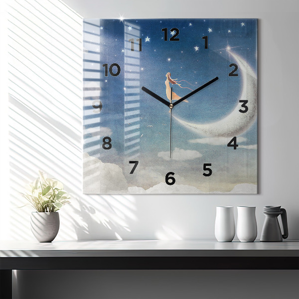 Square glass wall clock Girl on the moon