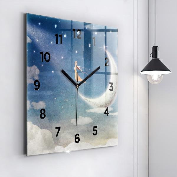 Square glass wall clock Girl on the moon