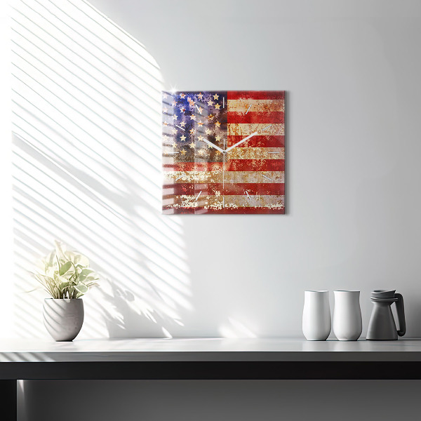 Square glass wall clock Vintage USA Flag