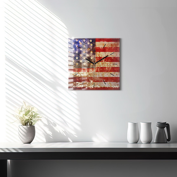 Square glass wall clock Vintage USA Flag