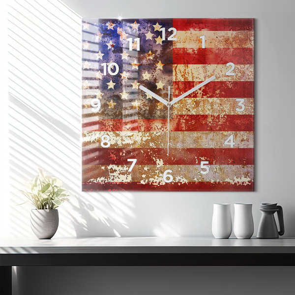 Square glass wall clock Vintage USA Flag