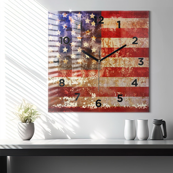 Square glass wall clock Vintage USA Flag