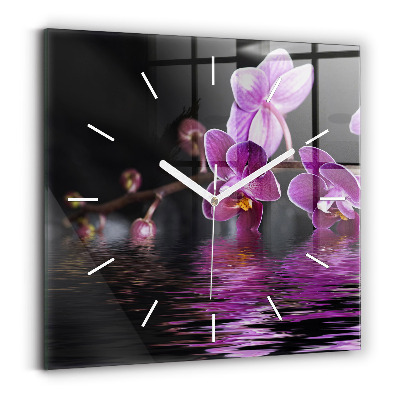 Square glass wall clock Orchid flower on the water