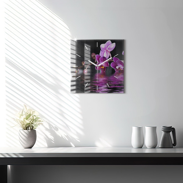 Square glass wall clock Orchid flower on the water