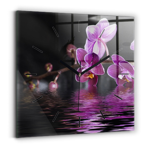Square glass wall clock Orchid flower on the water