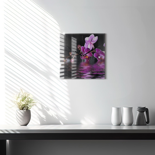 Square glass wall clock Orchid flower on the water