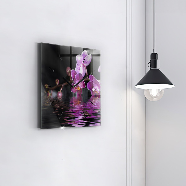 Square glass wall clock Orchid flower on the water