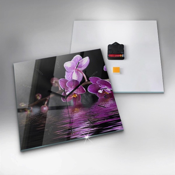 Square glass wall clock Orchid flower on the water