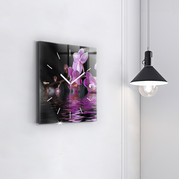 Square glass wall clock Orchid flower on the water