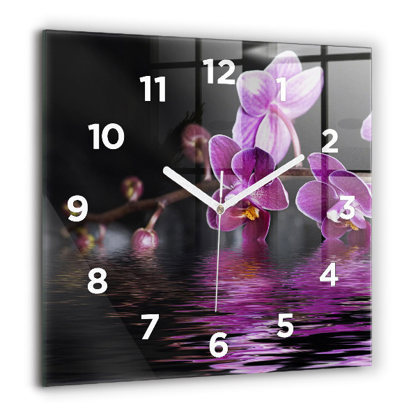 Square glass wall clock Orchid flower on the water