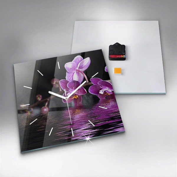 Square glass wall clock Orchid flower on the water