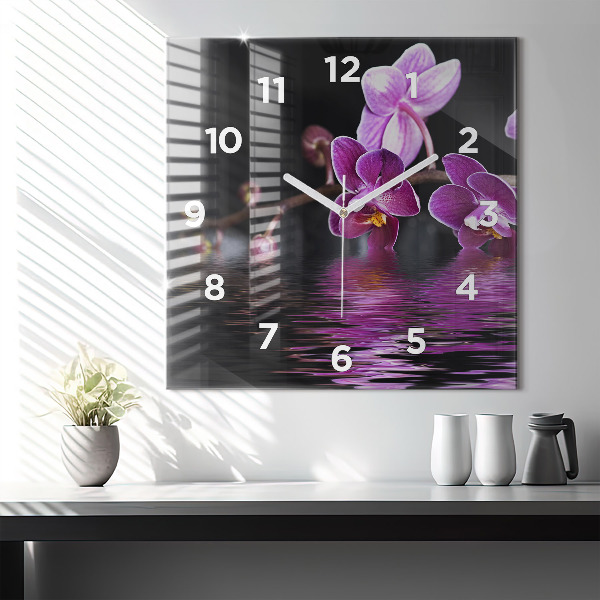 Square glass wall clock Orchid flower on the water