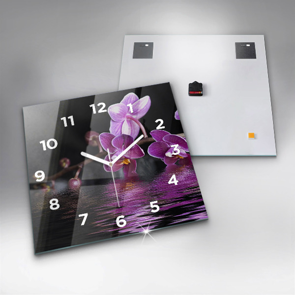 Square glass wall clock Orchid flower on the water