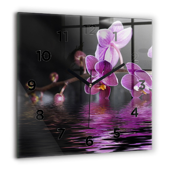 Square glass wall clock Orchid flower on the water