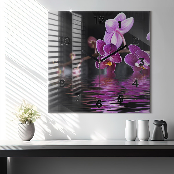 Square glass wall clock Orchid flower on the water