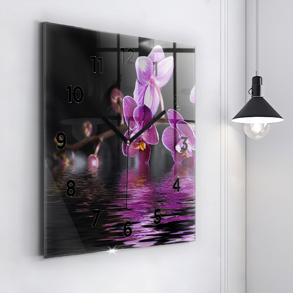 Square glass wall clock Orchid flower on the water