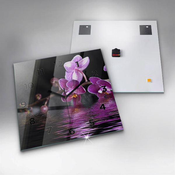 Square glass wall clock Orchid flower on the water