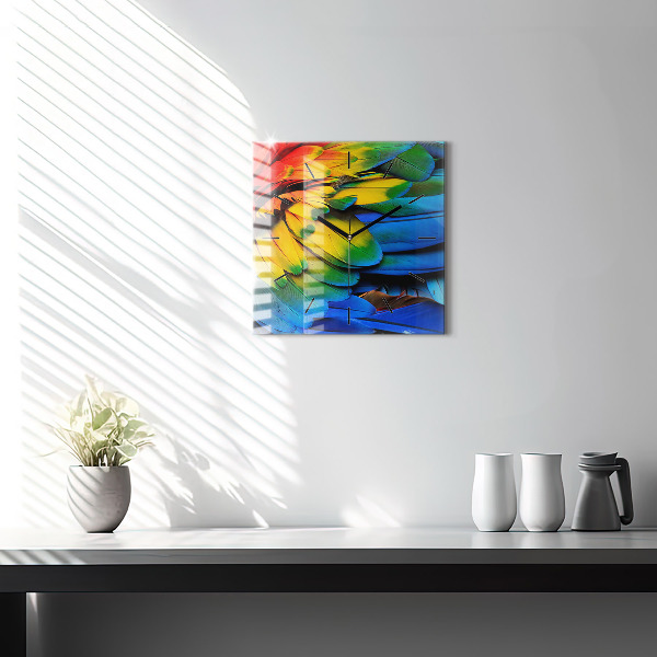 Square glass wall clock Colorful bird wings