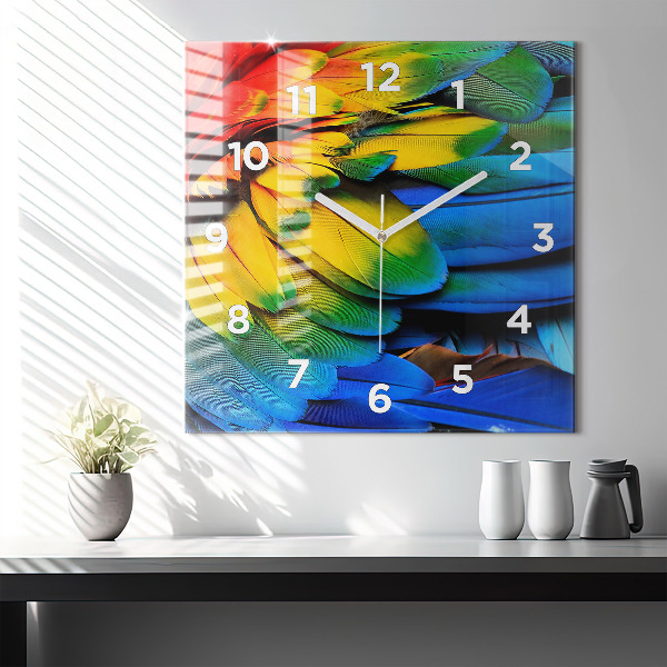 Square glass wall clock Colorful bird wings
