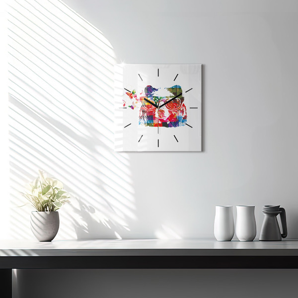 Square glass wall clock Bear Head