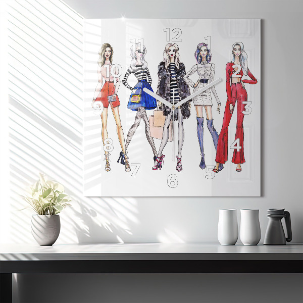 Square glass wall clock Fashionable girls