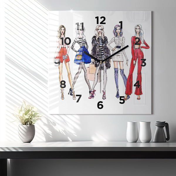 Square glass wall clock Fashionable girls