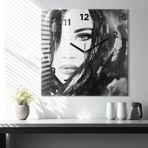 Square glass wall clock Portrait of a woman