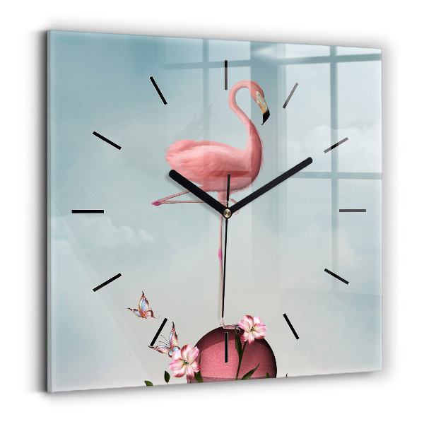 Square glass wall clock Surreal Flamingo