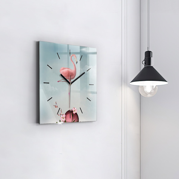 Square glass wall clock Surreal Flamingo
