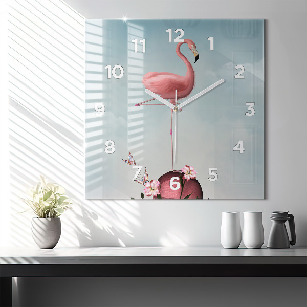 Square glass wall clock Surreal Flamingo