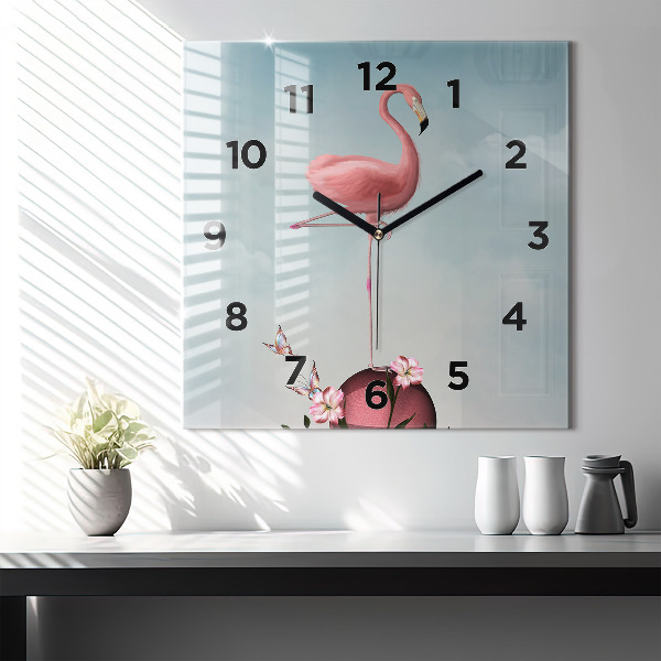 Square glass wall clock Surreal Flamingo