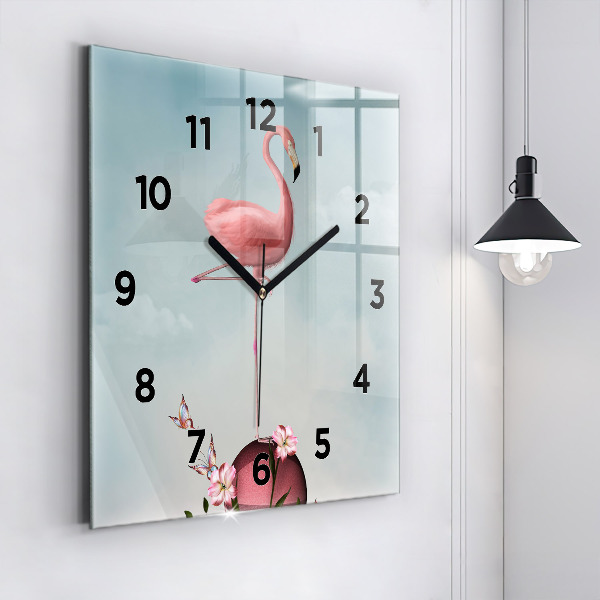 Square glass wall clock Surreal Flamingo