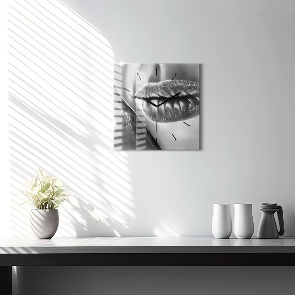 Square glass wall clock Woman's lips