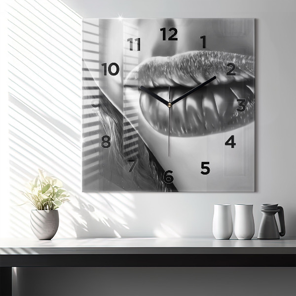Square glass wall clock Woman's lips