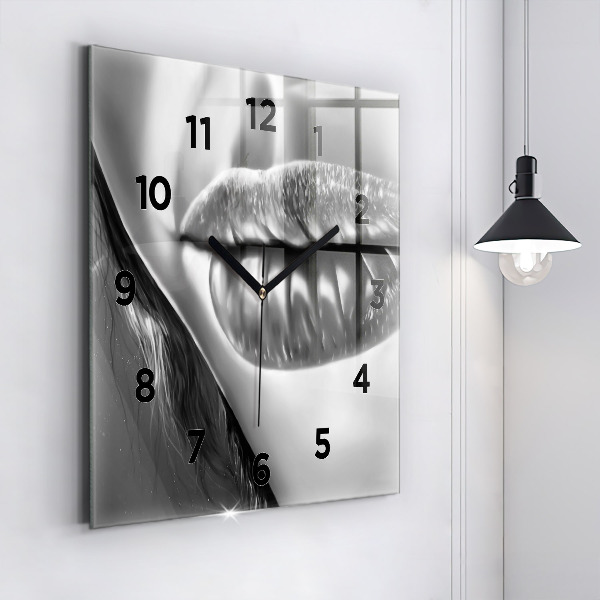 Square glass wall clock Woman's lips