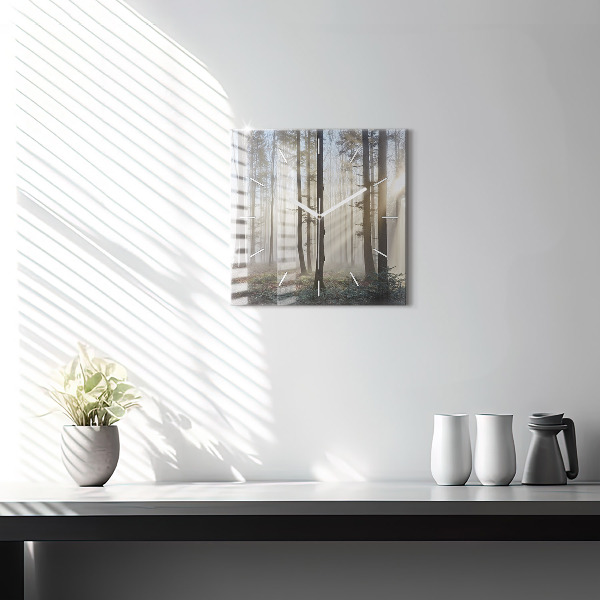 Square glass wall clock Forest in the fog