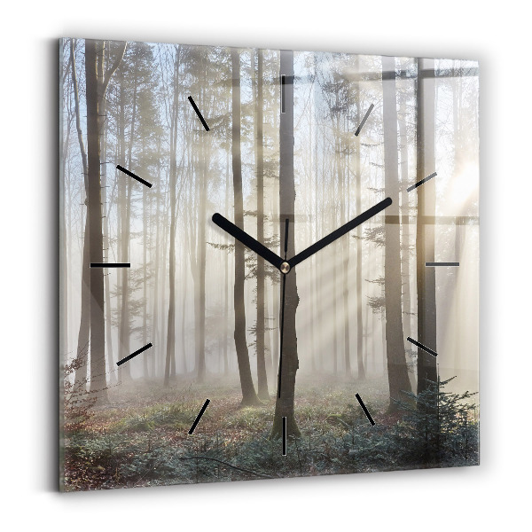 Square glass wall clock Forest in the fog