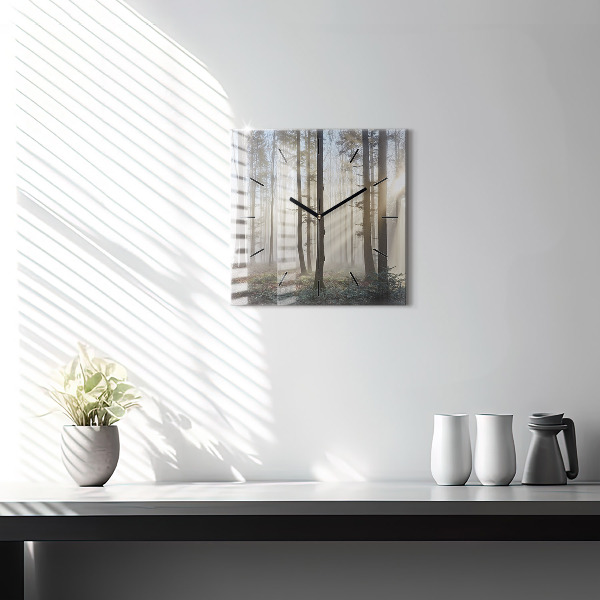 Square glass wall clock Forest in the fog
