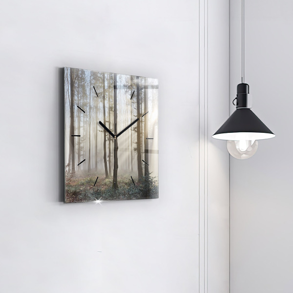 Square glass wall clock Forest in the fog