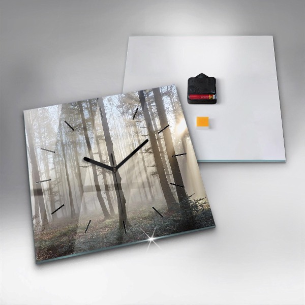 Square glass wall clock Forest in the fog